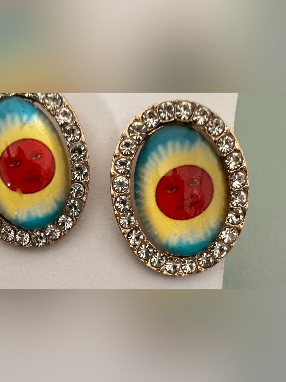 Sun Face Crystal-Trim Oval Stud Earrings - Blue, Yellow & Red
